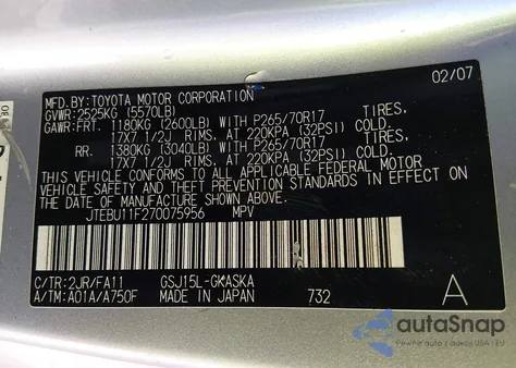 2007 Toyota Fj Cruiser z USA, uszkodzony, nr VIN JTEBU11F270075956